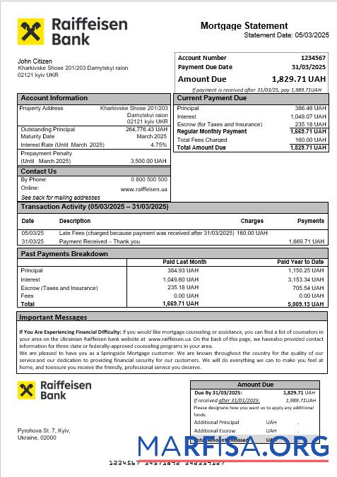 Downloadable Ukrainian Raiffeisen Bank mortgage statement in Word and PDF formats sample